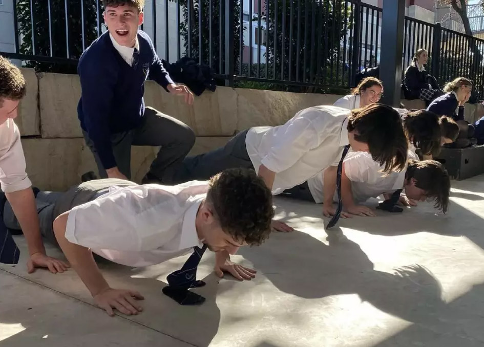 St Columba's Catholic College Springwood students participating in The Push-Up challenge in 2023